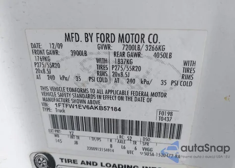 2010 Ford F-150 Fx4/Harley-Davidson/King Ranch/Lariat/Platinum/Xl/Xlt z USA, uszkodzony, nr VIN 1FTFW1EV6AKB57184
